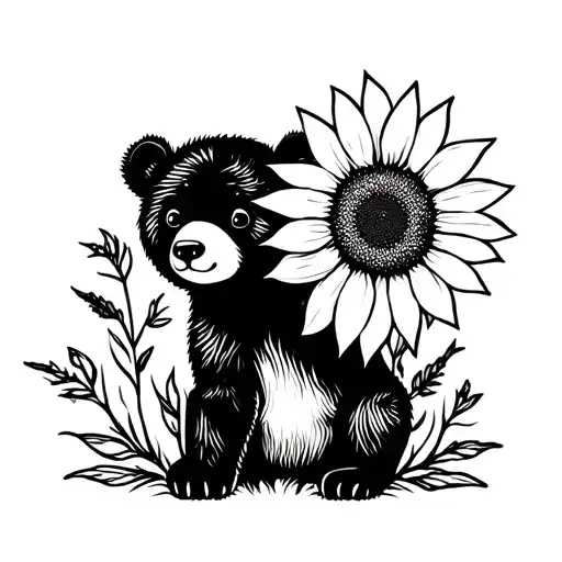 cute bear cub and sunflower tattoo design idea