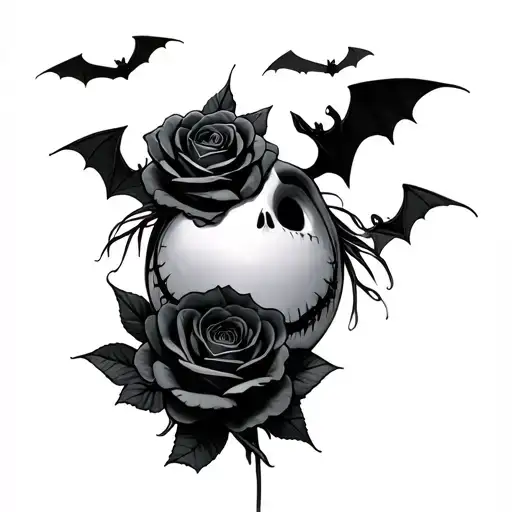 jack skellington black roses bats flying tattoo design idea