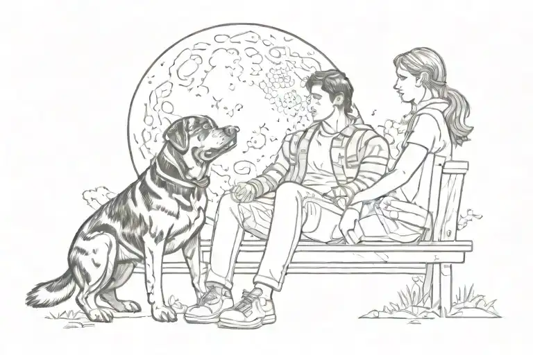 a girl sitting on a park bench with a rottweiler looing up at the moon with a guy sitting on it looking at the girl tattoo design idea