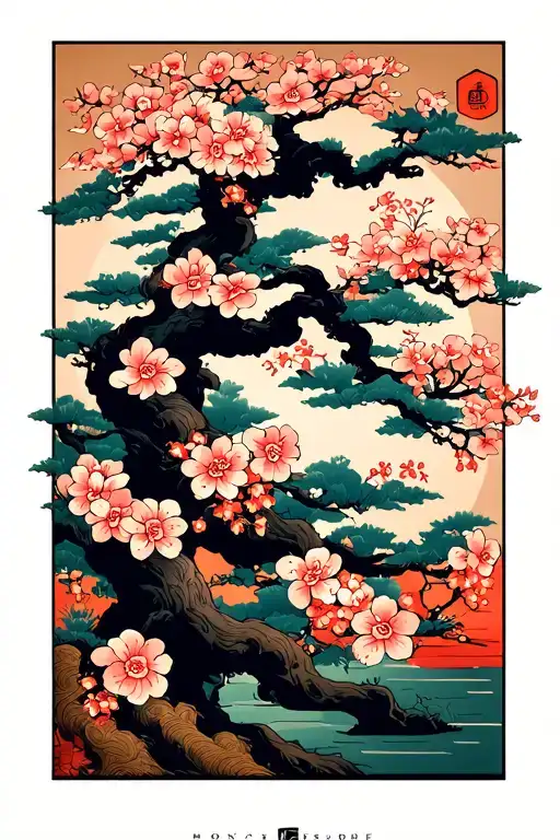 Oni and sakura tree growing tattoo design idea