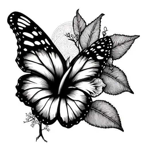 A minimalist tattoo featuring the outline of a monarch butterfly perched on a hibiscus flower, with the Tree of Life subtly incorporated in the background tattoo design idea