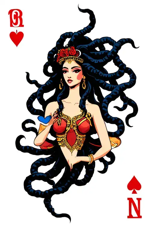 african american medusa with queen of hearts card tattoo design idea