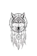 wolf in a dream catcher, with a headdress being worn tattoo design idea