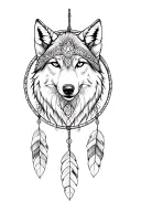 wolf in a dream catcher, with a headdress being worn tattoo design idea