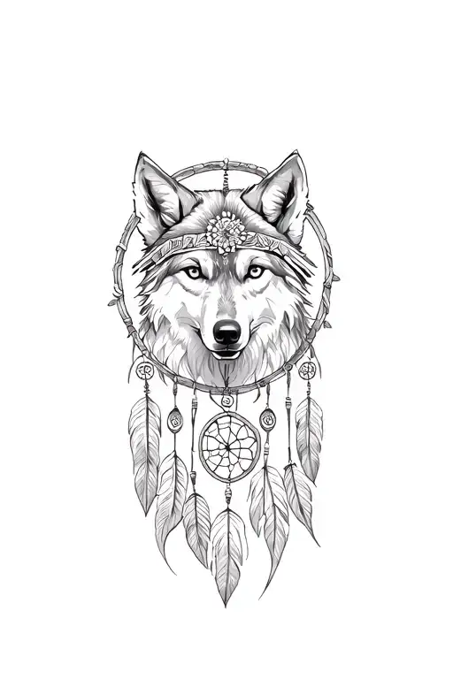 wolf in a dream catcher, with a headdress being worn tattoo design idea