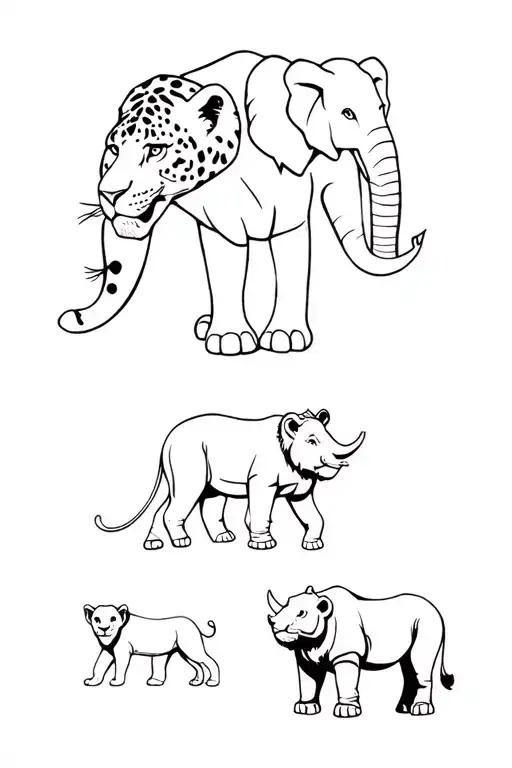 A leopard, an elephant, a rhinoceros, a lion and a lion cub tattoo design idea