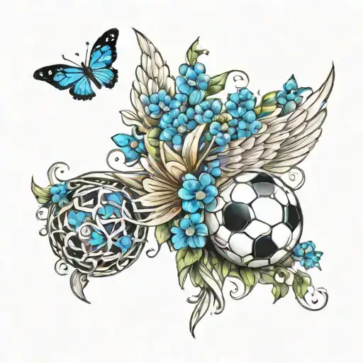 angel wings with one side having blue flowers butterflies and small soccer ball  tattoo design idea