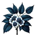blackberry plant, dark colors, blue flowers, dark leaves, starting at hips and ending under buttocks tattoo design idea