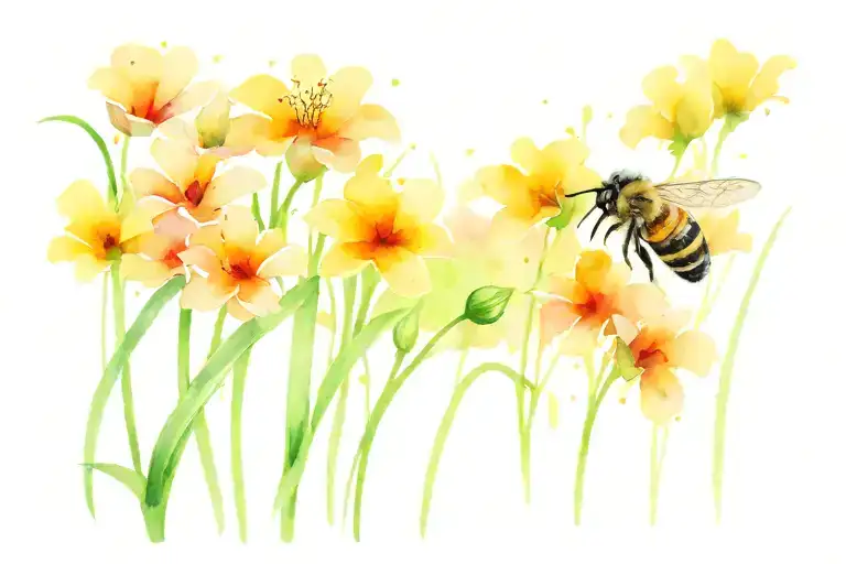 grass field with flowers and a bee tattoo design idea