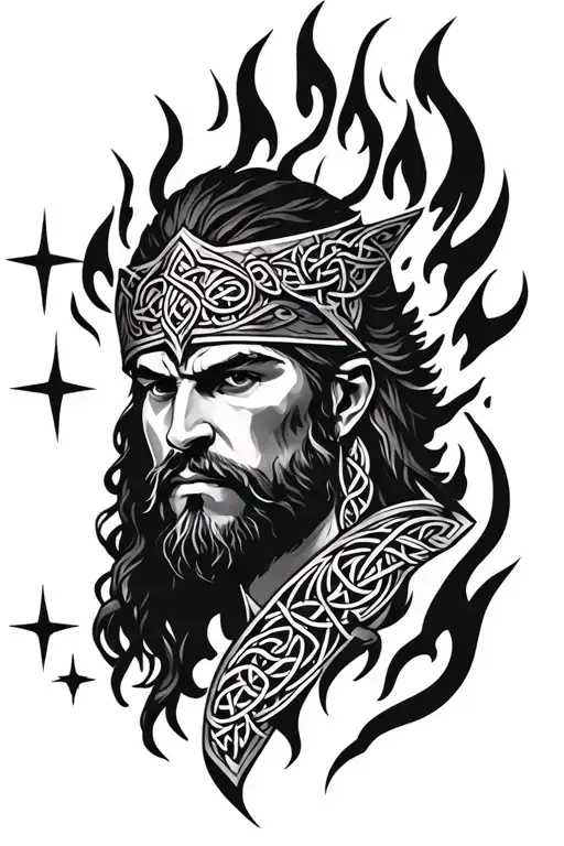face of a Celtic warrior surrounded by flame and stars tattoo design idea
