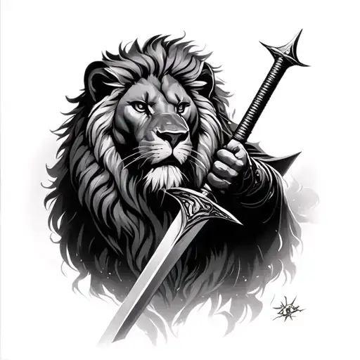 lion in the background and a calm warrior wielding a sword tattoo design idea
