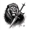 lion in the background and a calm warrior wielding a sword tattoo design idea
