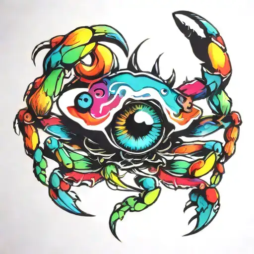 Trippy rainbow crab with eyeball in the middle of back tattoo design idea