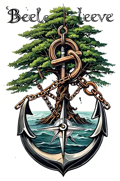 "Believe" tree, compass and broken chain, anchor incorporated tattoo design idea