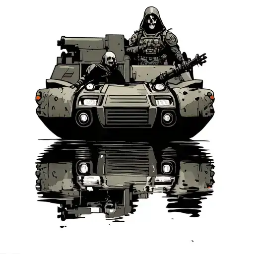 amphibious military vehicle usmc, valkyrie, grim reaper standing behind marine looking into reflection tattoo design idea