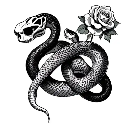 Two snakes wrapped around each other. One snake is a skeleton and the other has roses tattoo design idea