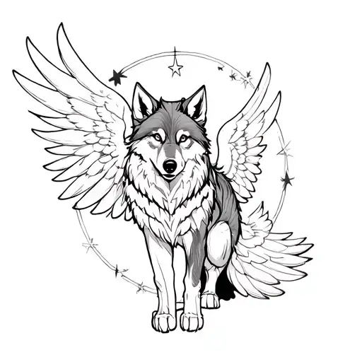 blackwork anime and neo-traditional inspired tattoo of a full body wolf with wings and stars tattoo design idea