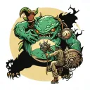 An environmental engineer symbolically battling pollution monsters in a video game setting tattoo design idea