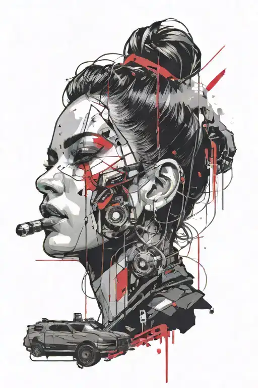 woman face, half robot, pistol, neon lights, cyberpunk 2077, city background tattoo design idea