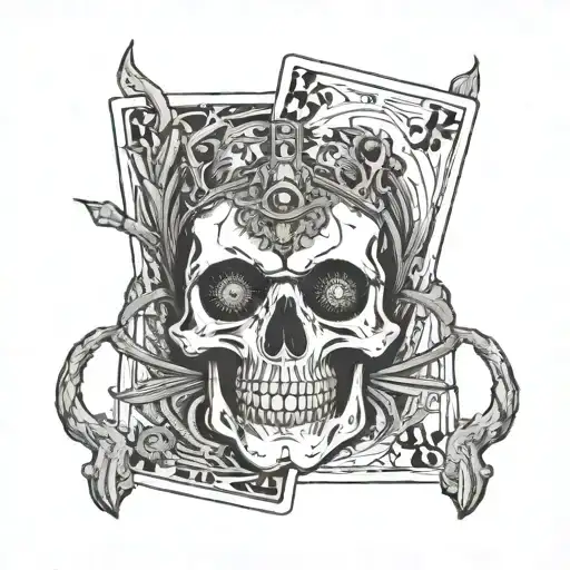 emperor tarot card featuring a broken skull with evil eyes, partially stacked with long nails,  tattoo design idea