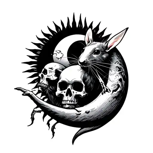 Ghost band logo whith a sun, moon and rat holding a skull tattoo design idea