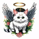 white fluffy cat with angel wings and halo in Asian style tattoo design idea