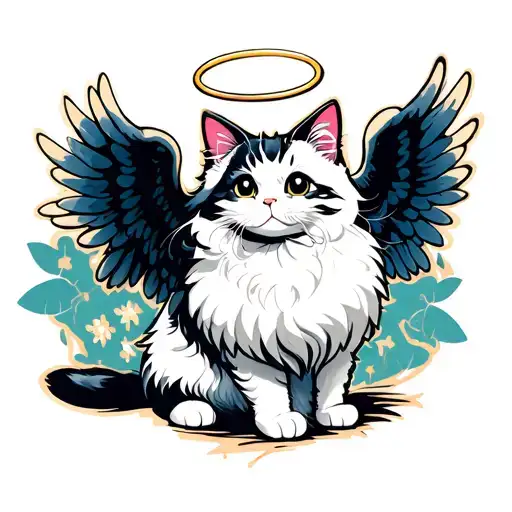 white fluffy cat with angel wings and halo in Asian style tattoo design idea