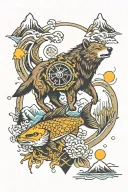 fish, wolf, brown bear, number 2, topaz, silver, yellow color, sports symbol, firefighter symbol, compass, mountain tattoo design idea