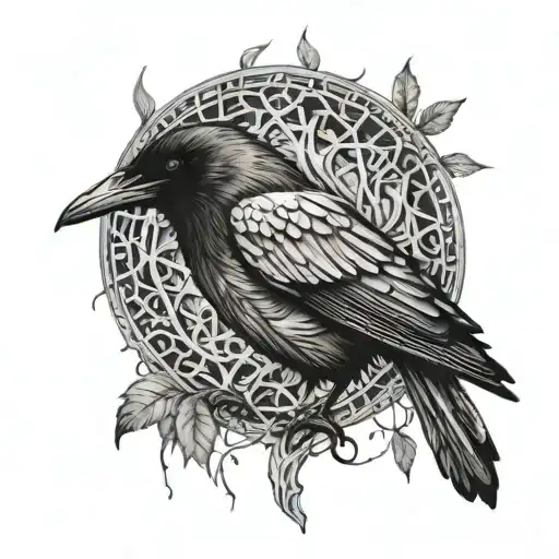 &nbsp;A raven, detailed and realistic, perched within abstract foliage. The Tree of Life is woven within the background tattoo design idea