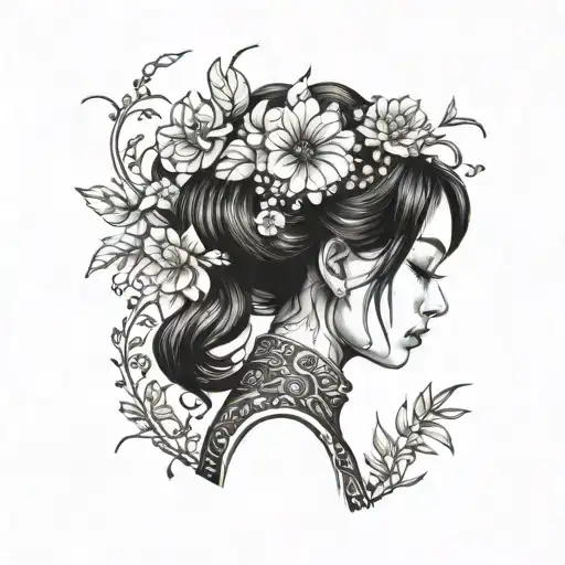 i need an tattoo with female face like oriental girl, using flowers in hair but not so much, the tattoo is just the head tattoo design idea