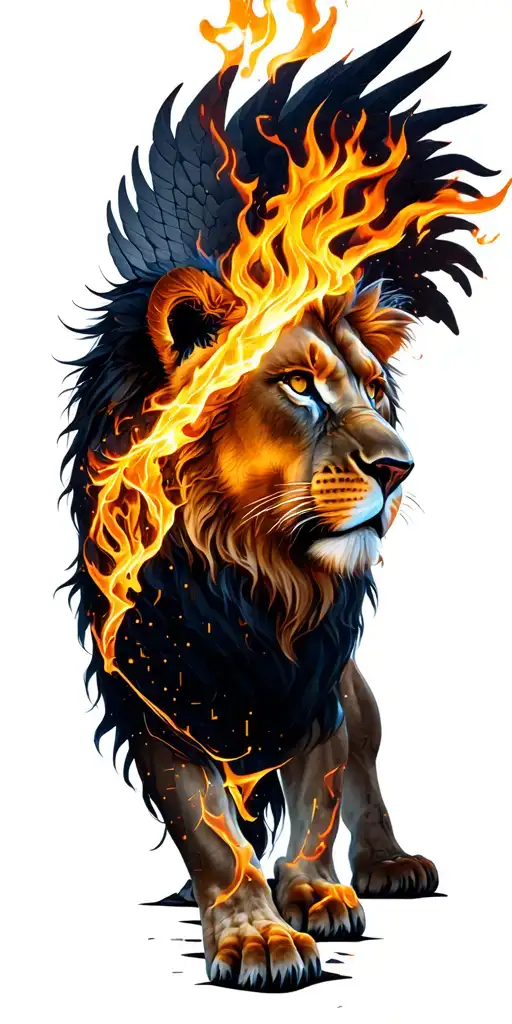 on fire Lion, Binary Codes and Warrior Protector man strong angel tattoo design idea