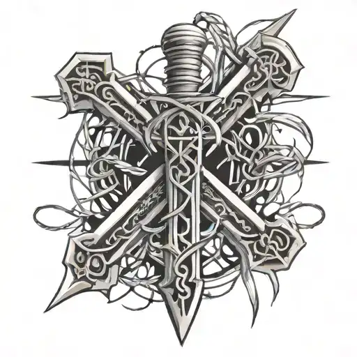 Roman sword in shape of cross with barbed wire wrapped tattoo design idea