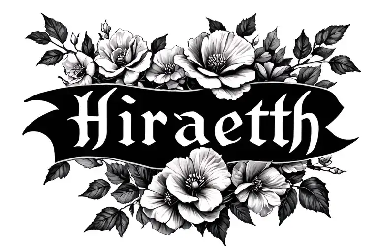 "Hiraeth" dogwood flowers and roses wrapped around the text "Hiraeth" in a feminine fantasy gothic style tattoo design idea