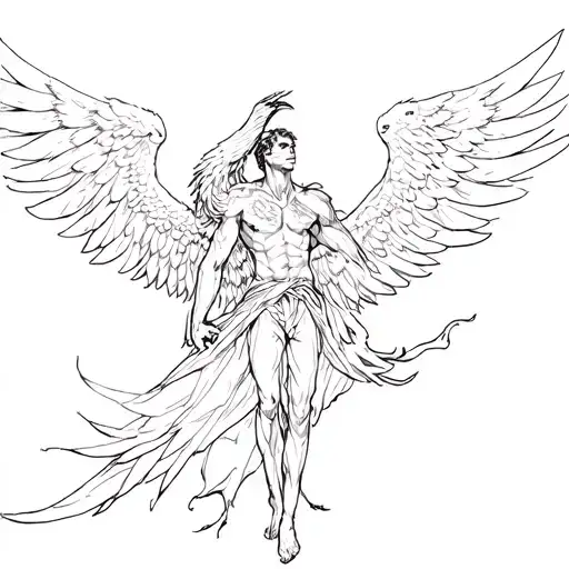 The fallen angel lost hope, but the phoenix helps him in the background tattoo design idea