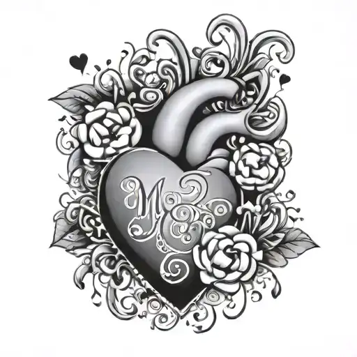 big heart with mum inside it, and small hearts around it with siblings intital inside J, A  tattoo design idea