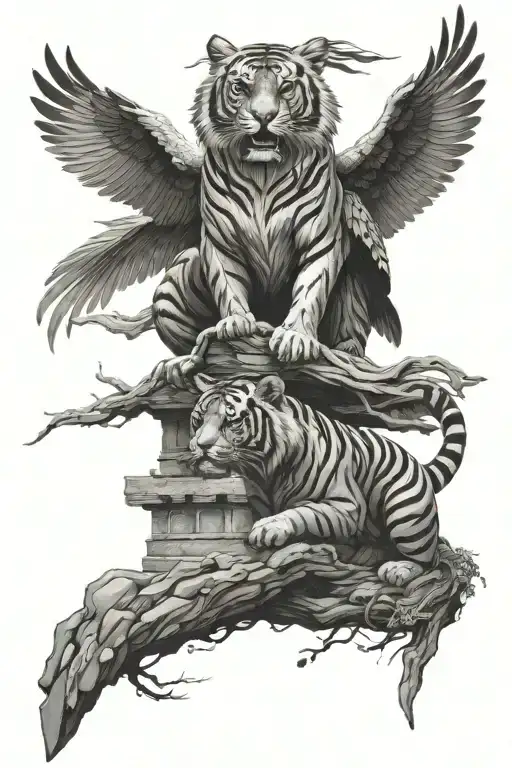 tiger and eagle perched atop a stack tattoo design idea