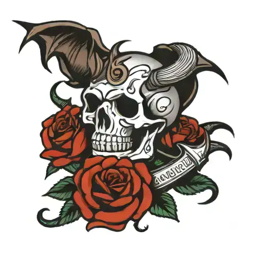 a demon skull with roses and an anchor outline  tattoo design idea