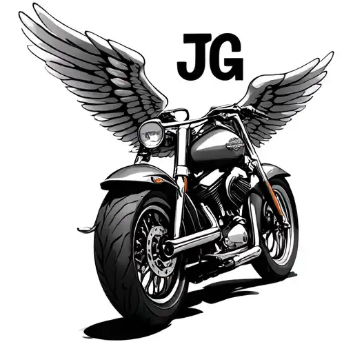 "JG" harley davidson motorcycle, with wings wrapped tattoo design idea