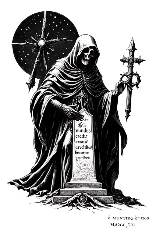 reaper with monument on which it is written sic mundus creatus est tattoo design idea