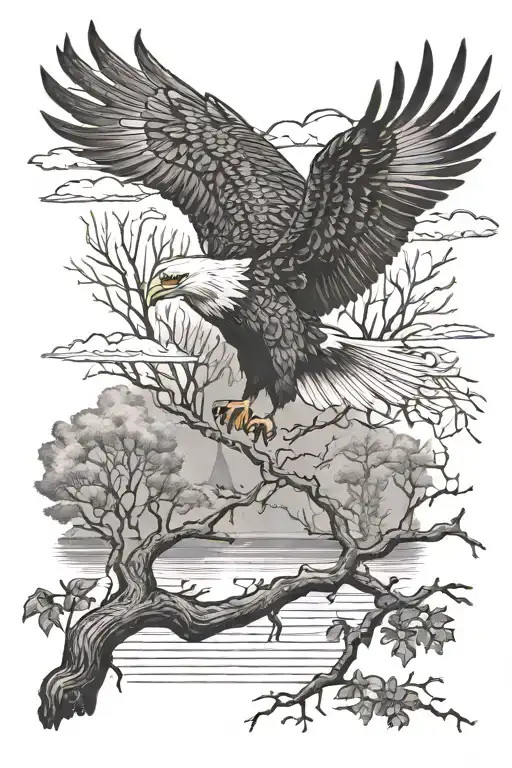 Eagle soaring over a tree wit a raven pierced on a branch looking over a swan swimming in a pond tattoo design idea