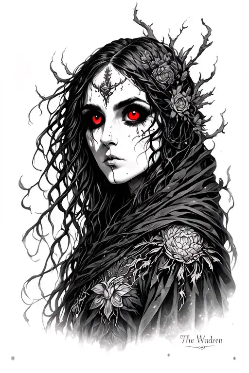 the Warden she is, non-human, solemn figure that emerges from the fog to watch over memories, loss. red eye glows  tattoo design idea