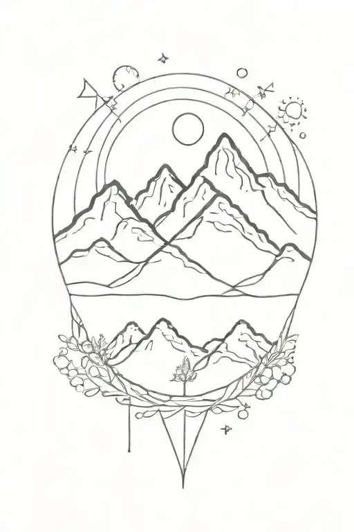 mountain, river, sun, food, lines, coordinates  tattoo design idea