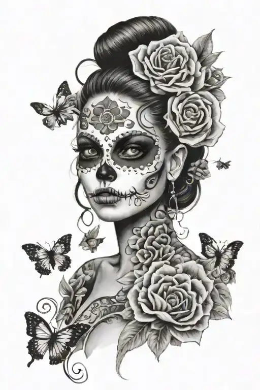 split personality day of the dead girl with butterflies and flowers surrounding tattoo design idea