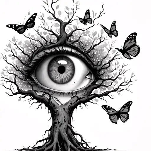 Tree of life with damaged roots with monarch butterflies with one eye tattoo design idea