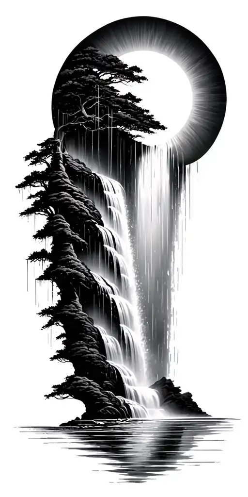 a sun melting into a waterfall that turns into rain tattoo design idea
