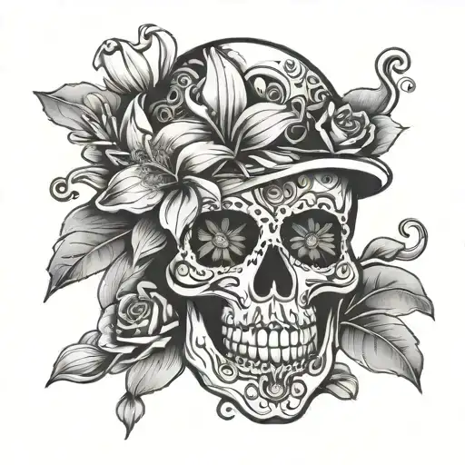 Sugar Skull with Lilly flower tattoo design idea