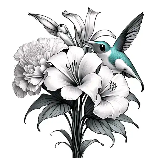 black and white realism lilies carnations and one lilikoi. hide a squirtle, a Bulbasaur, a Charmander and a hummingbira tattoo design idea