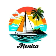 "Monica" white sailboat in foreground, background sunrise sky, small island in far background  plam vibrant colors no borders  tattoo design idea
