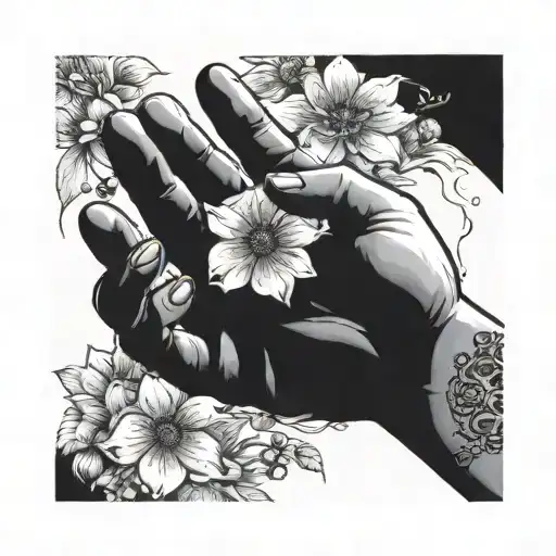 hand cupping soil and flowers coming tattoo design idea