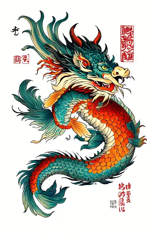 Design a Japanese tattoo body suit with the following. Nue, Daikijin, Raijin, Fujin, Kirin, Koi Dragon, Foo dog, Phoenix tattoo design idea